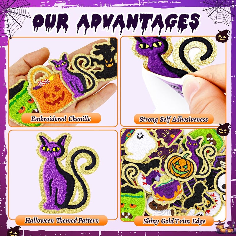 FOGWOWO 50 Pcs Halloween Patches Chenille Patches Self Adhesive Embroidered Autumn Halloween Pumpkin Ghost Skeleton Witch Hat Spider Gravestone Zombie Stick on Patch Stickers for Backpacks Hats Bags Jackets - Image 4